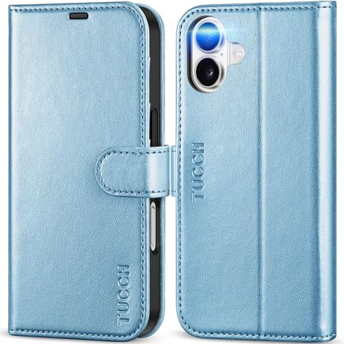 TUCCH Hülle für iPhone 16, Klapphülle, RFID Blocker, Blau Glitzer | TPU, Kartenfächer, Standfunktion, Magnet, Handyhülle, Stoßfeste Schutzhülle, Cover Kompatibel mit iPhone 16 2024