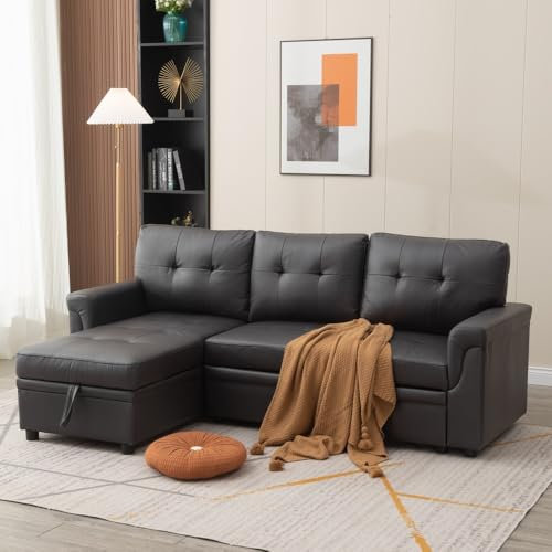 Panana Corner Sofa Bed - Universal Pull Out SofaBed - Left or Right Side Storage Chaise Couch,Sofa Bed Settee Sectional Sofa (FRSS23-Black Leather Like Fabric)