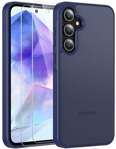 FLLAO Opaca Cover Compatibile con Samsung Galaxy A35 5G con 2 Vetro Temperato, [Della Fotocamera Protezione] Anticaduta Antiurto Anti-Graffio Anti-Impronte Hard PC Glassata Traslucida Custodia Blu