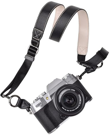 VOVMOEYA X-T50 Sangle de cou pour appareil photo, bandoulière réglable, en cuir PU, pour photographes Fujifilm, Nikon, Canon, Sony, Minolta, Panasonic, SLR, DSLR, Noir foncé.