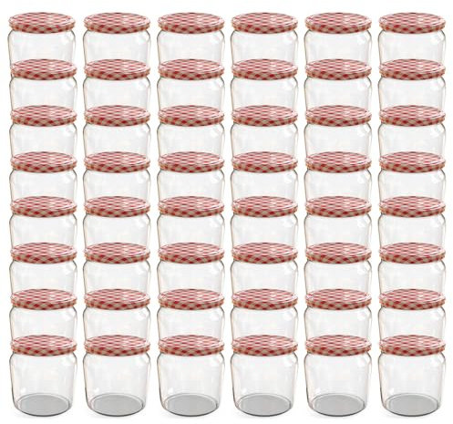 Oputec Lot de 48 bocaux de 360 ml avec couvercle à visser rouge à carreaux – Parfaits pour les confitures, les confitures et plus encore, bocaux de conservation avec couvercle, parfaits comme pots à