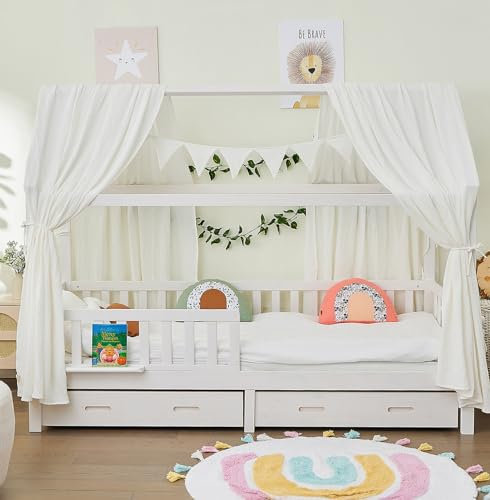 ALAVYA HOME Hausbett KOMPLETT Set I Kinderbett 80x160 cm mit Schubladen inkl. Deko und Matratze mit Rausfallschutz und Lattenrostt (Weiß - mit Matratze+Schubladen+Musselin DEKO, 80 x 160 cm)