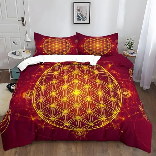 Rote Blume des Lebens Bettwäsche 135x200 cm Bettwäsche 3er Set Weich Gemütlich Feuchtigkeitstransport Rot Bettwäsche Set für Erwachsener Kinder Schlafzimmer