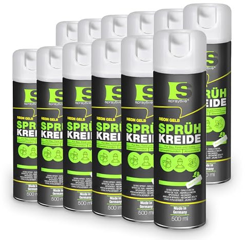 Spraytive Lot de 12 sprays de craie en spray de 500 ml - Jaune fluo - Lavable - Pour extérieur - Marquage de sol - Spray de marquage temporaire pour asphalte, herbe, béton