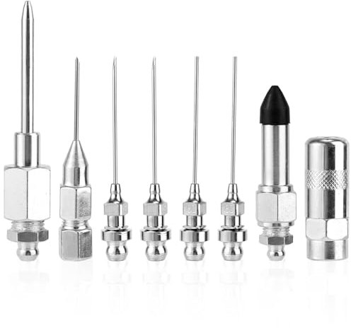 Lyreh 8pcs Ensemble Aiguille Pompe a Graisse, Comprenant 2 Buses d'Aiguille à Graisse Tête Pointue et à Tête Plate 1 Distributeur 1 Adaptateur de Mamelon en Caoutchouc 1 Embout 1 Coupleur de Raccord