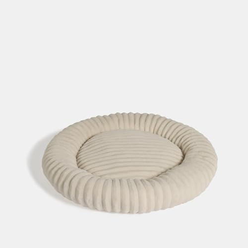 OHS Dog Bed Medium, Faux Fur Ribbed Round Donut Dog Bed Ultra Soft Plush Calming Pet Beds Non-Slip Bottom Anti Anxiety Washable Cuddler Beds for Cat, Cream - 60 x 60cm