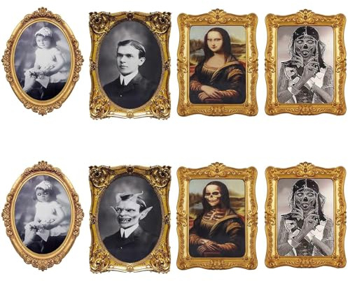 BaiDekun 4 Stück Halloween-Dekoration, Horror-Bilder & beweglicher Portraitrahmen, 3D-Wechselgesicht, gruselige Wanddekoration für Party, Schloss, Spukhaus & Zuhause (Innendekoration)