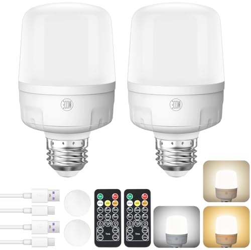 Qoolife E27 Akku Glühbirne mit Fernbedienung – 9W LED Glühbirne mit 2000mAh, 4 Timer & USB-C Ladegerät für Camping, Schrank & Stromausfall (2 Stück)