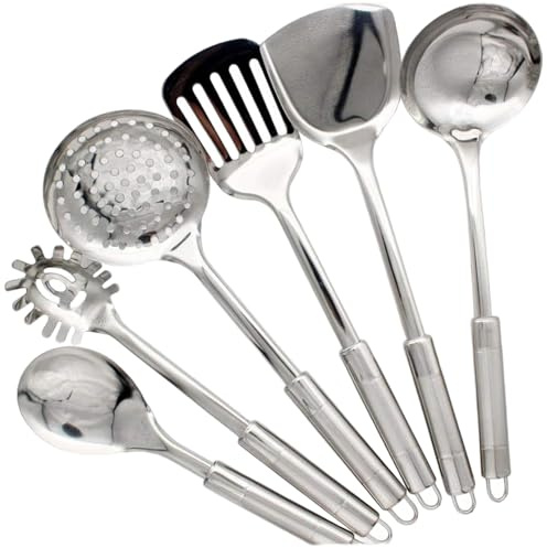 Utensilios De Cocina Acero Inoxidable Cucharones De Cocina Juego De Cucharas Para Cocinar Conjuntos De Utensilios De 6 Piezas/Establecimiento De EspáTulas Colgantes De Pared Resistentes