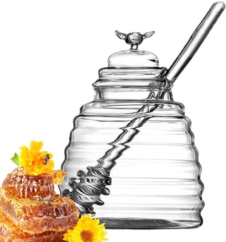 Tiajingzi Honigglas mit Dipper und Deckel, 500 ml Honigglas mit Löffel, transparenter Honigspender mit Glasstab, Glasbehälter zur Aufbewahrung von Saucen, Sirup und Salatdressings, Küche