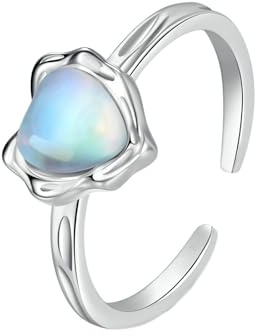 Stfery Ring Damen 14 Kt Weißgold, Herz Offener Ring mit Mondstein, Klein Ring Echt Gold Au585 Gr. 48 (15.3)