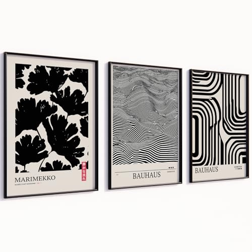 MJ-GRAPHICS® Bauhaus Poster Set Beige Schwarz Weiß Kunstdrucke Wandbilder mit Rahmen Poster Set A2 Bilder für Wohnzimmer Deko Schlafzimmer Moderne Kunst Schlafzimmer Schwarzer Rahmen