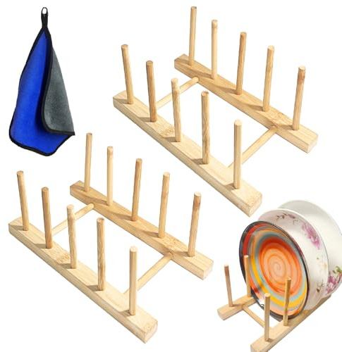 JIUHEEDAMAI 2 Pack Plate Rack for Dupboard, Bamboo Dish Drainer Rack | Dish Rack, Stand Holder for Kitchen Storage, Chopping Board Holder Kitchen Cabinet Organizer for Plate/Cup/Pot Lid (4 slots)