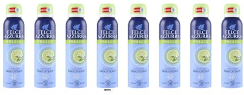 8 X Felce Azzurra Fresco Deodorante Spray, deodorante con profumo di lime, tecnologia deocomplex, effetto 48h, 150 ml,+ Italy shop portachiavi gratuito