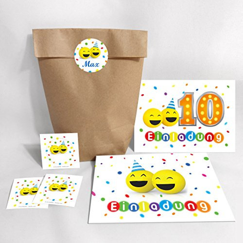 8-er Set Einladungskarten, Umschläge, Tüten, Aufkleber zum 10. Geburtstag lustige Party-Bälle für Mädchen und Jungen / bunte und Lustige Einladungen zum zehnten Geburtstag für Kinder / bunt Konfetti