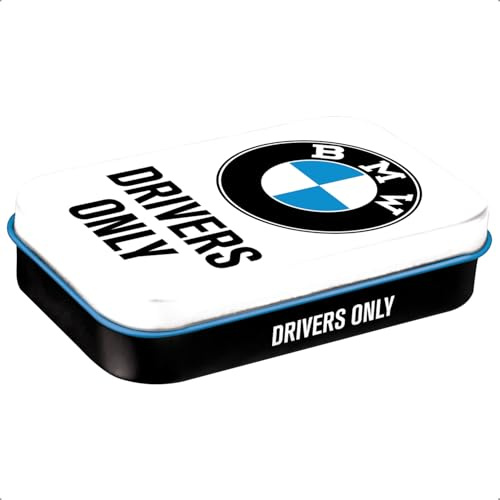 Nostalgic-Art Retro Pillendose XL, 6 x 9,5 x 2 cm, BMW – Drivers Only – Geschenk-Idee für BMW Accessoires Fans, Original Lizenzprodukt (OLP), mit Pfefferminz-Dragees, Vintage Design