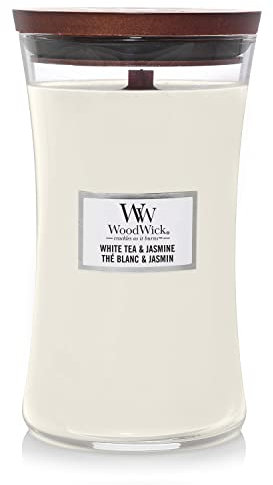 Große WoodWick Duftkerze im Sanduhrglas mit knisterndem Docht, White Tea & Jasmine, bis zu 130 Stunden Brenndauer