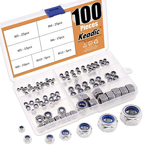 Keadic - Juego de 100 tuercas métricas de nailon de acero inoxidable 304, 7 tamaños: M3 M4 M5 M6 M8 M10 M12
