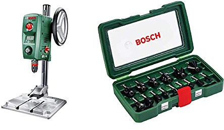 Bosch PBD 40 Trapano a Colonna, 710 W, perAcciaio e Legno, 13 mm e 40 mm, in Cartone + Bosch 2607019469 Set Misto, 15 Frese HM, Gambo 8 mm