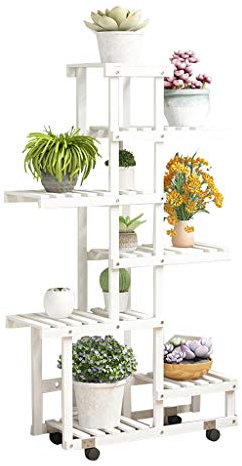 Weiß Blumenständer Blumenregal Blumentreppe aus Holz mit Rädern Pflanzentreppe für Innen Außen Garten Pflanzenregal Aussen Draußen Leiterregal Dekoratives Fenster