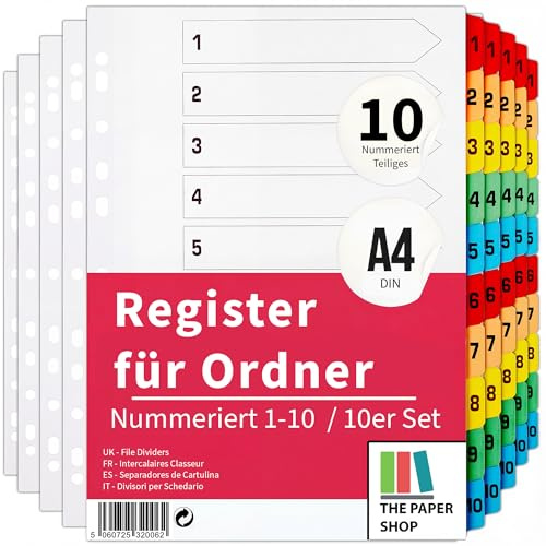 The Paper Shop Register für Ordner A4-10-teilig Nummeriert 1-10 (10 Pack) | Trennstreifen & Unterteiler für Ringordner | Nummerierte Trennblätter Großpack - 100 Stück