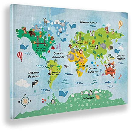 Giallobus - Gemälde - Weltkarte für Kinder - Leinwand - 140x100 - Bereit zum Aufhängen - Moderne Gemälde für zu Hause
