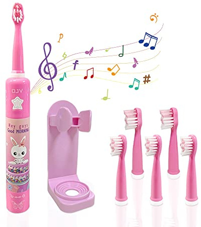OJV 8620 Sonic Cartoon Musical Kids Elektrische Zahnbürsten für Kinder, 3 Modi mit Speicher, 2-Min Timer, ADA akzeptiert, 4 Bürstenköpfe, 31000 Schläge, wiederaufladbare Zahnbürste für Mädchen ab 3