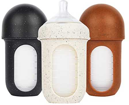 Boon Nursh Reusable Silicone Pouch Baby Bottles - Medium Flow Nipple - Silicone Baby Bottle Pouch and Nipple - Baby Feeding Essentials - Speckle - 3-6 Months - 3 Count - 8 Ounce