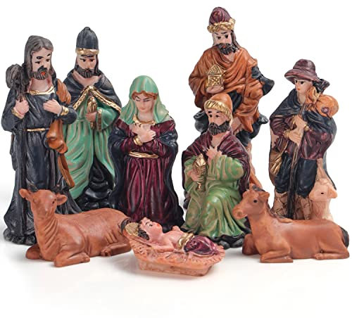 BELLE VOUS Weihnachtskrippe Set aus Kunstharz mit 9 Krippe Figuren - Festliches Weihnachtskrippen Figuren Set - Krippe Weihnachten Figuren für den Innenbereich, Kirche oder Schule