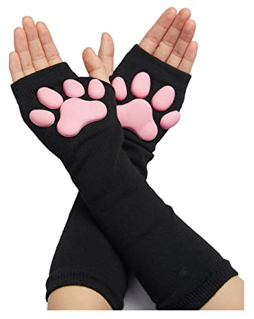 SIROLISA 3D-Silikon-Katzenpfoten-Fäustlinge mit Katzenohren, süßen Katzenpfoten, Zehen, Bohnen, Socken, hohe Strümpfe, Set für Frauen, Mädchen, Halloween, Weihnachten, Cosplay