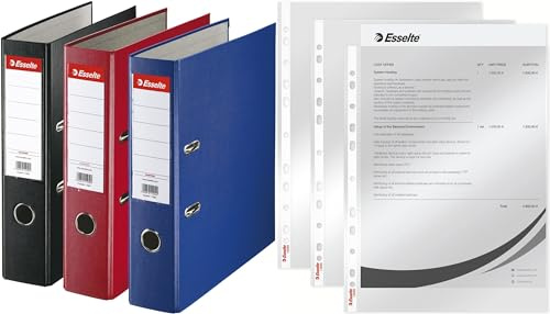 Esselte | Pack de 3 Classeurs à levier A4 | Dos 75mm | PP | Bleu Noir et Rouge | 628327 + Esselte |Pochettes Perforées A4 | Lisse Transparente | Polypropylène 43 Microns | Lot de 100 |13089