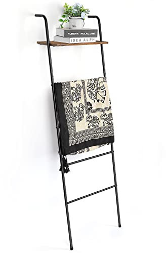 Blanket Ladder Wall Leaning Blanket Rack Farmhouse 5-Tier Metal Blanket Holder with Shelf Bath Towel Storage for Bathroom Quilt Bedroom Living Room Pool Black