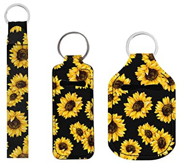 Xoenoiee 3 Stück Reiseflasche Schlüsselanhänger Hand Desinfektionsmittel Halter Set mit Chapstick Halter & Handgelenk Lanyard Schlüsselanhänger, sonnenblume, One size