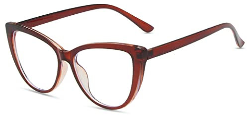 Anti Blue Light Blocking Fashion Glasses for Women Men Anti UV400 Glare Computer Eye Glasses Thin Cat Eye Round Frame (Brown Frame + Clear Lens)