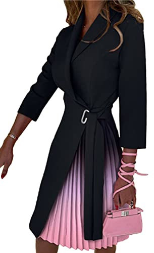 shownicer Robe Femme de Cocktail Col V Manche Mi-Longue Vintage Plisse Robe avec Ceinture Chic et Elegant A-Line Robe Soirée Mariage B Noir-Rose M