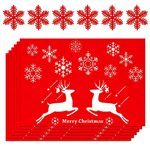 12 Stück Tischsets Weihnachten mit Untersetzer Filz, Untersetzer Teller Weihnachten Rot Grün, Tischsets Weihnachten Abwaschbar, Platzsets Weihnachten Waschbar, Weihnachtsdeko Weihnachts Deko (Rot)