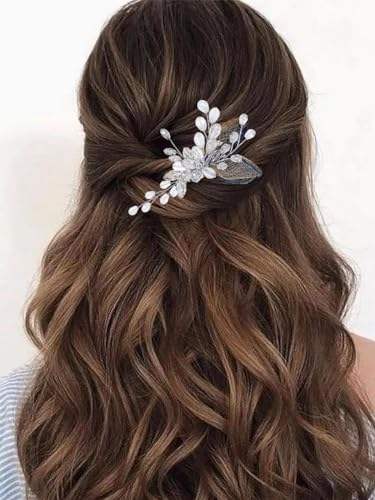 Vakkery Braut Hochzeit Haarkamm Silber Kristall Kopfschmuck Blatt Hochzeit Haarschmuck für Damen und Mädchen