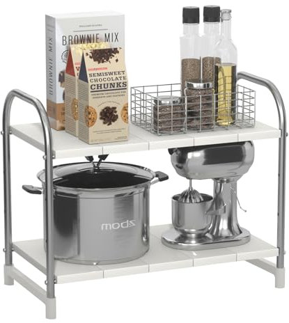 SMONTER Under Sink Organizer 2 Tier Multifunctional Storage Rack, Extensible Kitchen Storage Shelf with Adjustable Height Levels and Removable Panels for Versatile Storage