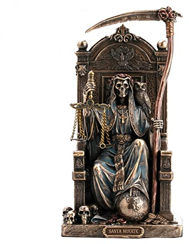 ROCKING GIFTS Dekorative Figur Heiliger Tod mit Sense und Waage, sitzend auf Thron, Harz, antike Bronze-Effekt, Heiliger Tod, mexikanische christliche Figur, 21 cm