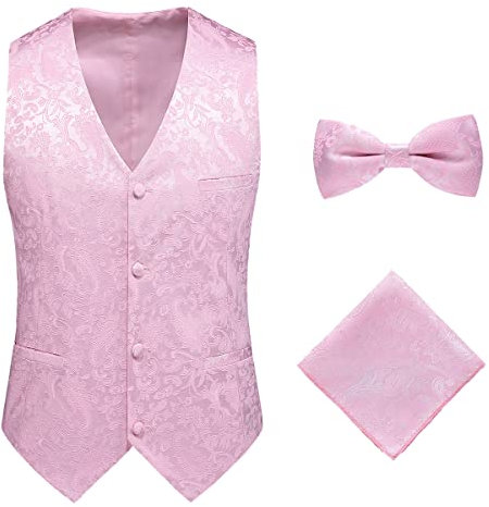 Oanviso Homme Classique Paisley Floral Jacquard Gilet Couleur Unie Gilet Cravate/Nœud Papillon+Carre Mouchoir+Costume Gilet 3Pc Ensemble Réunion D'affaires Travail Mariage Gilet B Rose M