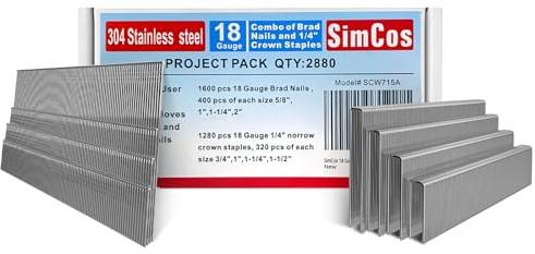 SimCos 18 Gauge 304 Stainless Steel 1/4 Norrow Crown Staples (3/4~1 1/2) & Brad Nails (5/8~2) 2880 PCS 18 GA Nail Gun Nails and Staples for Pneumatic, Electric Brad Nailer or Stapler