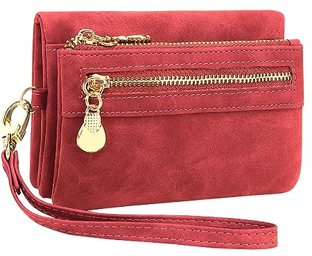 REETEE Damen Geldbörse Klein Portemonnaie PU Leder Portmonee Damen Viele Fächer, Geldbeutel Damen mit 10 Kartenfächer und Abnehmbare Handschlaufe, Brieftasche für Frauen Reißverschluss Münzfach (rot)