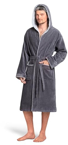 Twinzen Peignoir Homme Eponge Gris - 100% Coton Velours Premium OekoTex - Robe de Chambre Ultra Douce - Taille M