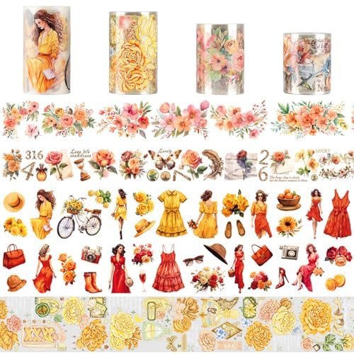 jwogngls 4 Rolls ästhetisches Washi Tape Set, PET Washi Tape, Multi-Muster dekoratives Washi Tape Washi Tape Set Masking Tape für Scrapbooking, Bullet Journals, Kunst für Handwerk