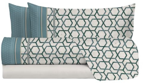 zer0bed Laura Biagiotti Bettwäsche-Set für Doppelbett, Baumwolle, Bett-Set, 100% Baumwolle, Bettlaken Spannbetttuch, Paar Kissenbezüge, Geometrisches Muster, Petrol