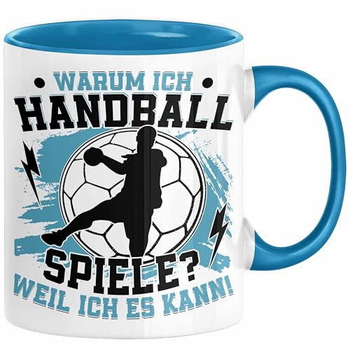 Handball Geschenk Tasse Geschenkidee Handball-Spieler Handballspielerin Mädchen Jungs Kaffee-Becher Warum Ich Handball Spiele? (Blau)