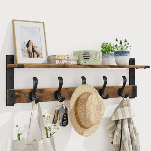 Homode Garderobenleiste Wandhalterung, 73,7 cm langes Regal mit Haken, Holz Eingangsregal mit 5 Aufhängern zum Aufhängen von Hut, Jacke, Rucksack, Geldbörse, rustikales Braun Schwarz