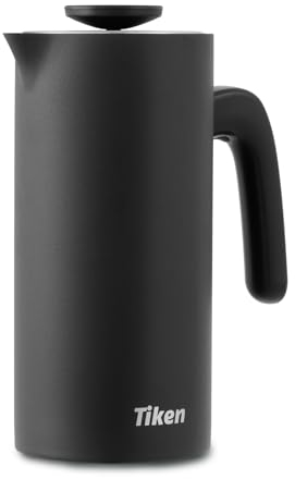 Tiken Cafetière à Piston Thermos 1L Inox Isotherme Double Paroi Compatible Lave-Vaisselle