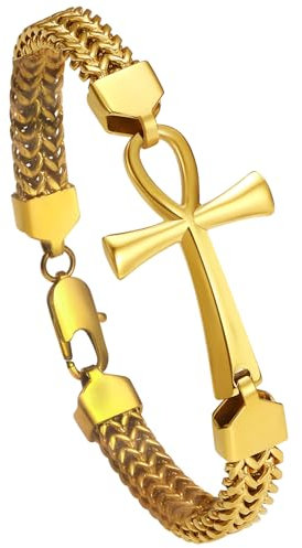 OIDEA Herren Ankh Kreuz Armband: Gold Hip Hop Gotik Armkette Franco Link Panzerkette 8mm Breit Edelstahl Armreif Kettenarmband Rock Biker Amulet Schmuck Geschenk für Männer 22cm