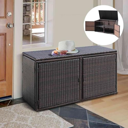 TANGZON 2-Tier Garden Storage Box, 2-Way Opening Rattan Deck Box Chest with Flip-Top Lid, Outdoor Weatherproof Storage Organiser with Metal Frame for Toy Cushion Poolside Patio Balcony (Brown)